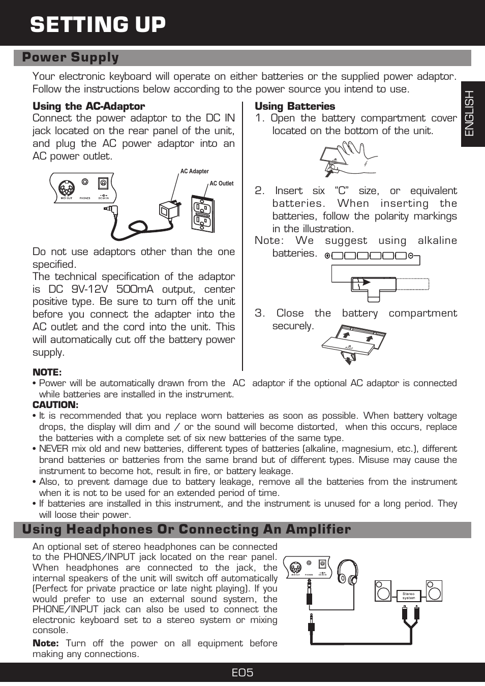 Setting up, Power supply, Using headphones or connecting an amplifier | The Singing Machine SMI-1420 User Manual | Page 5 / 52
