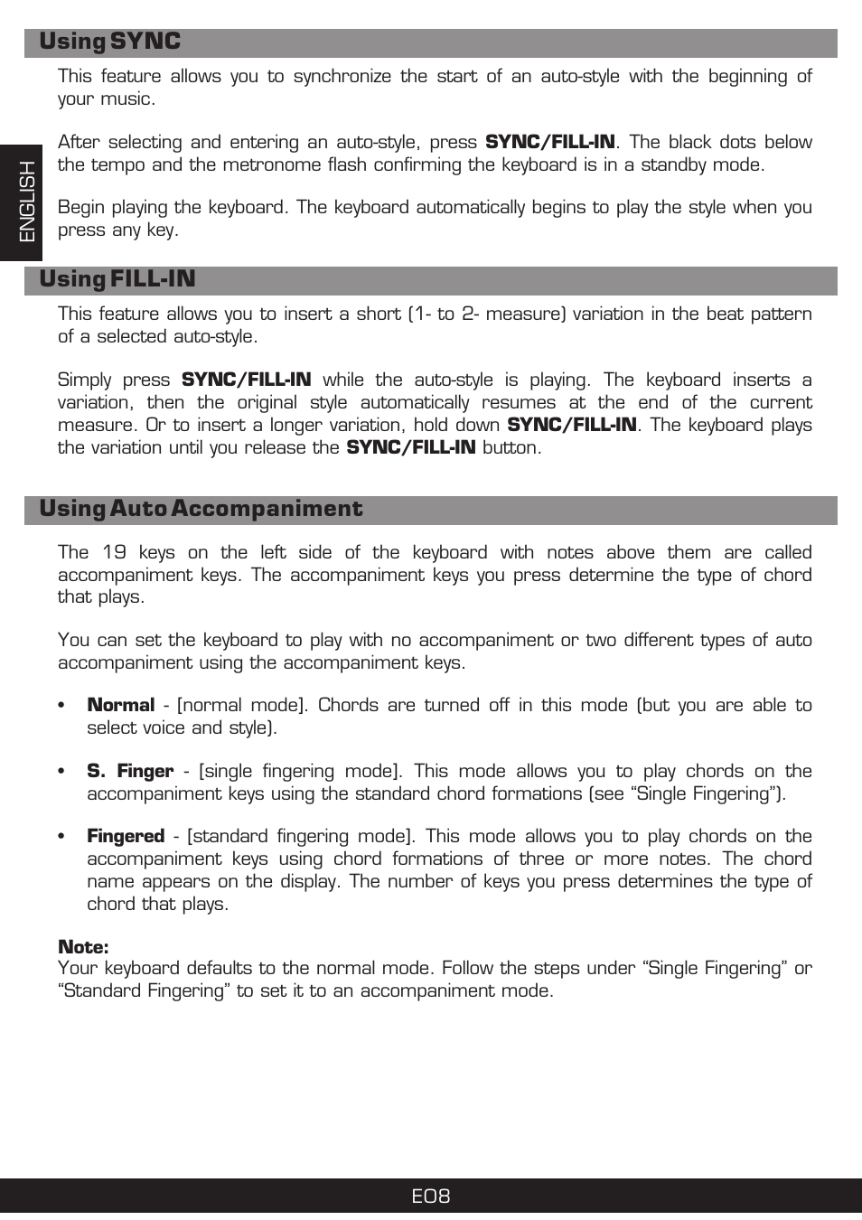 Using sync using fill-in using auto accompaniment | The Singing Machine SMI-1420 User Manual | Page 8 / 52
