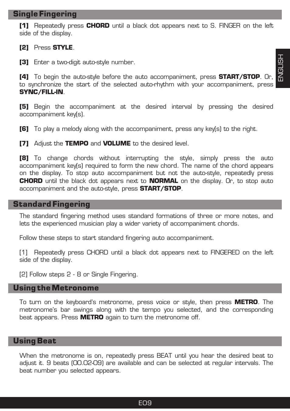 Using the metronome using beat single fingering, Standard fingering | The Singing Machine SMI-1420 User Manual | Page 9 / 52