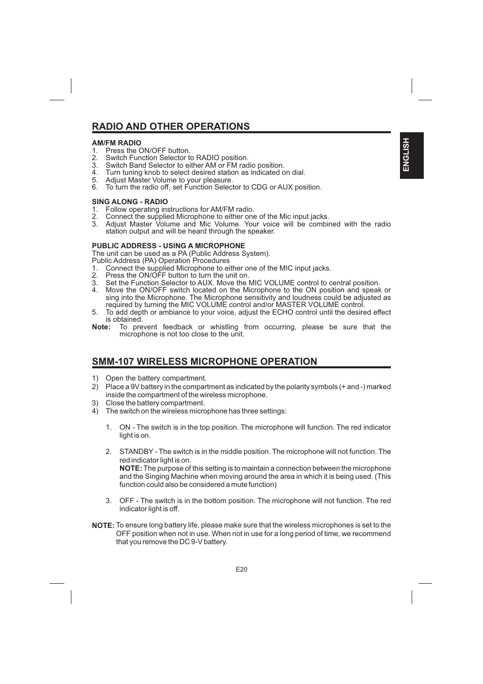 Radio and other operations, Smm-107 wireless microphone operation | The Singing Machine STVG-999 User Manual | Page 21 / 88