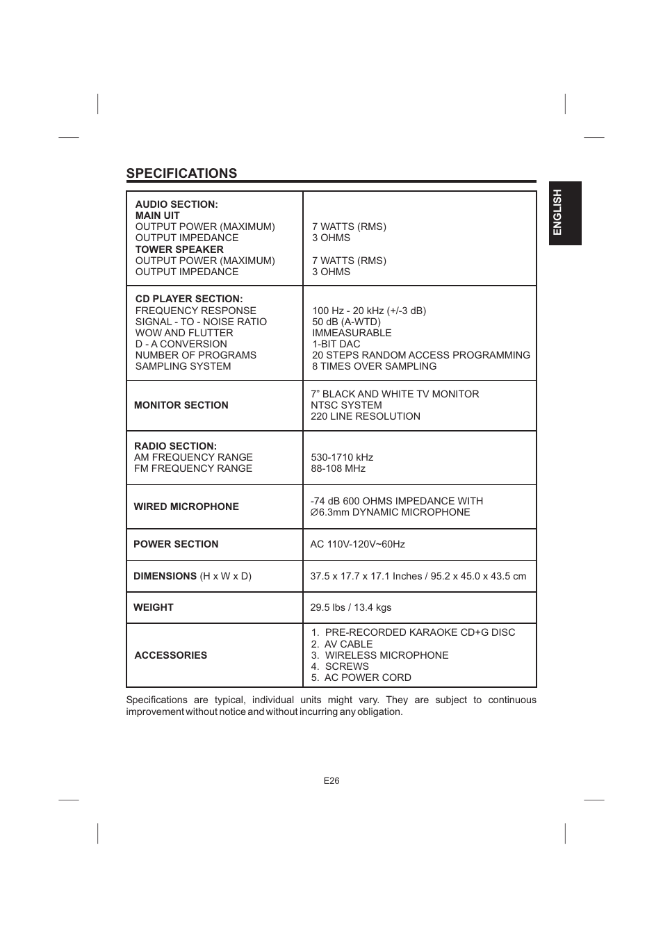 Specifications | The Singing Machine STVG-999 User Manual | Page 27 / 88