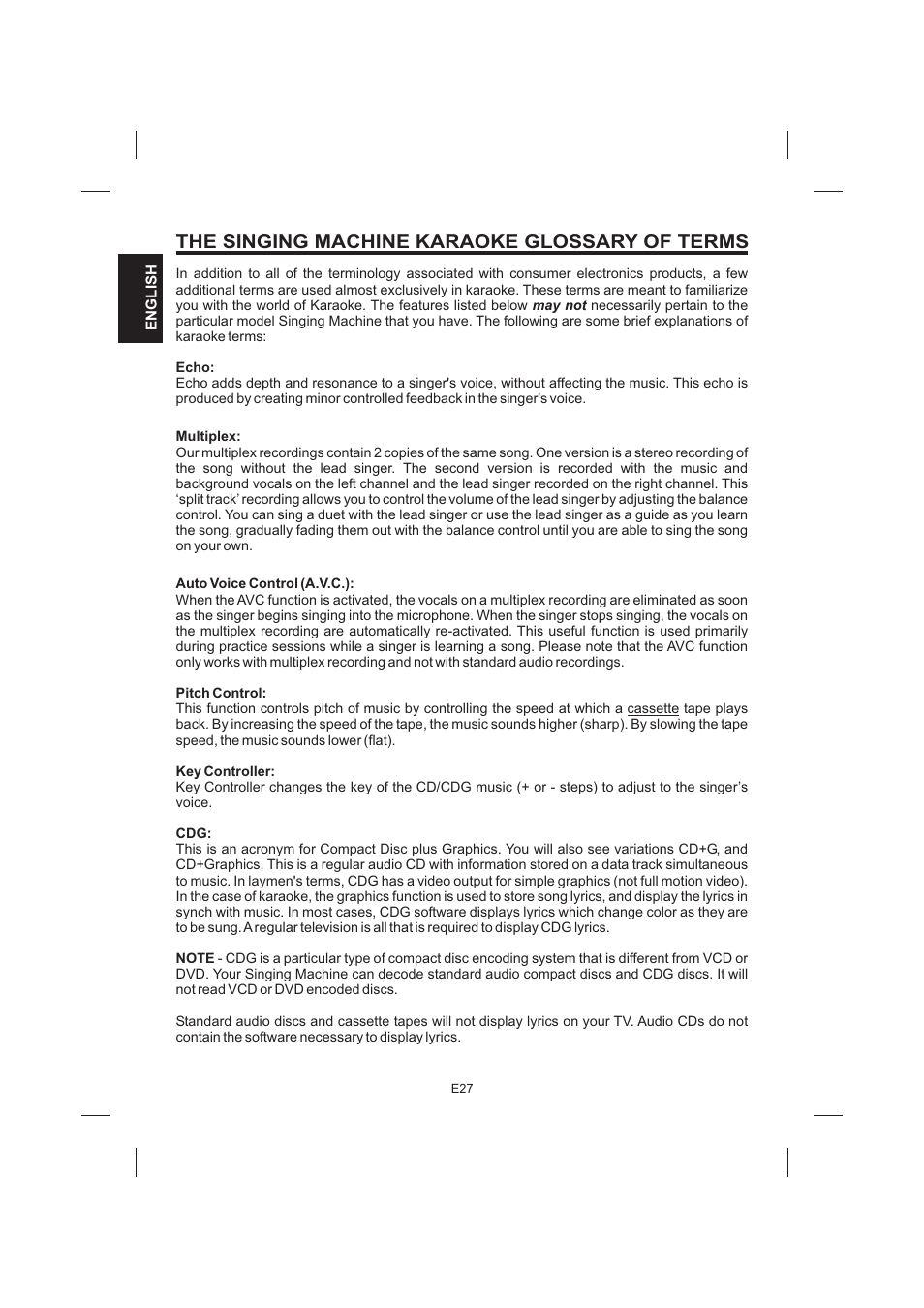 The singing machine karaoke glossary of terms | The Singing Machine STVG-999 User Manual | Page 28 / 88