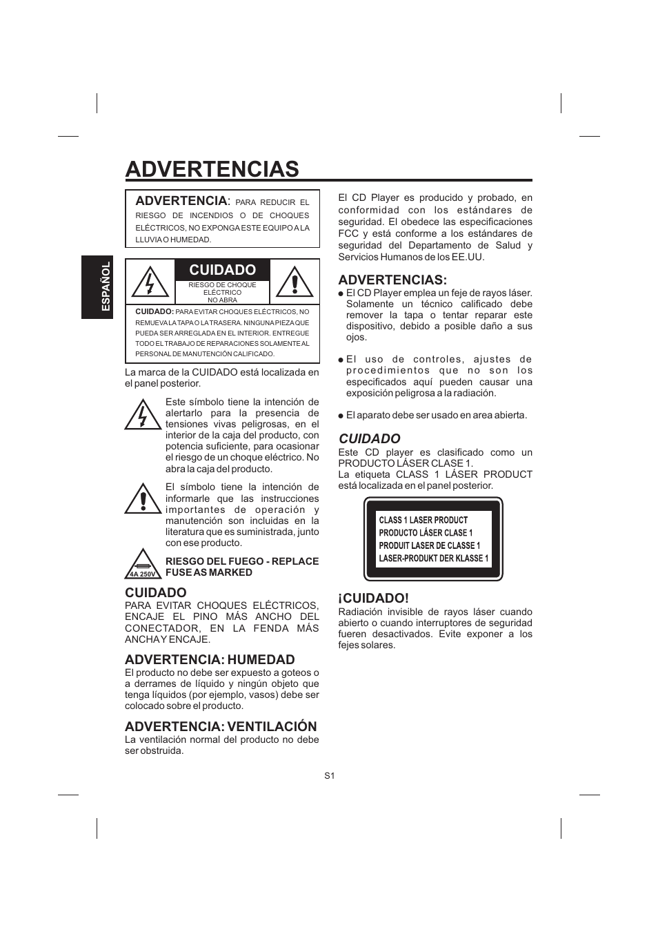 Advertencias, Cuidado, Advertencias: cuidado! ! ! ! cuidado | Advertencia: humedad advertencia: ventilación, Advertencia | The Singing Machine STVG-999 User Manual | Page 30 / 88