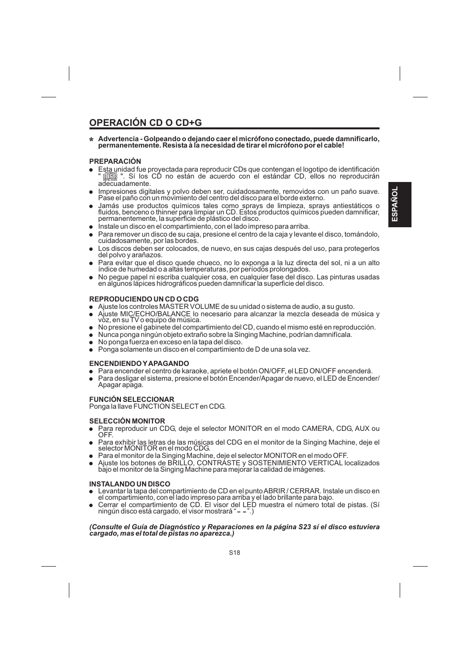 Operación cd o cd+g | The Singing Machine STVG-999 User Manual | Page 47 / 88