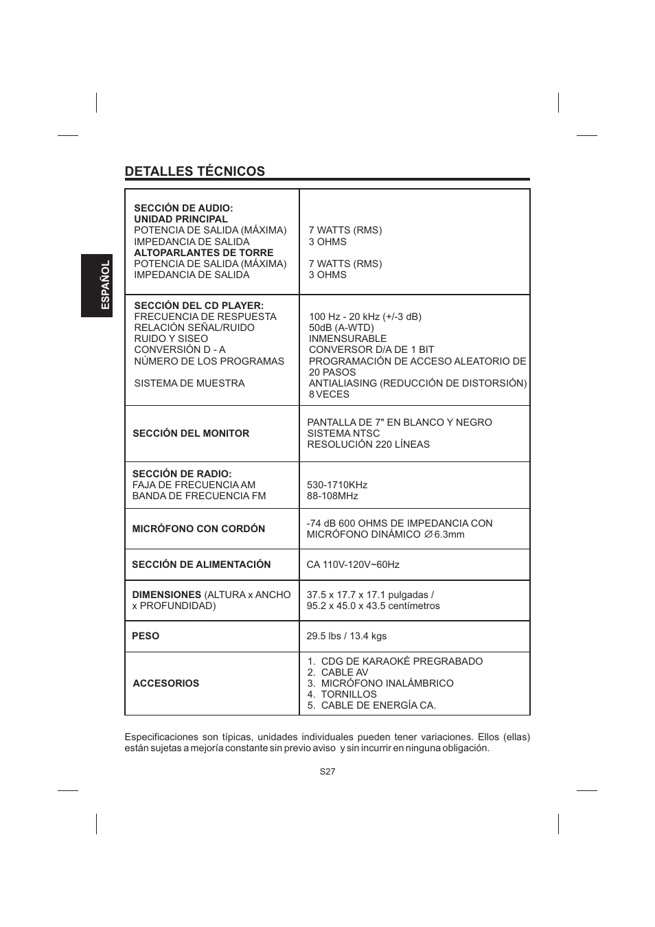 Detalles técnicos | The Singing Machine STVG-999 User Manual | Page 56 / 88