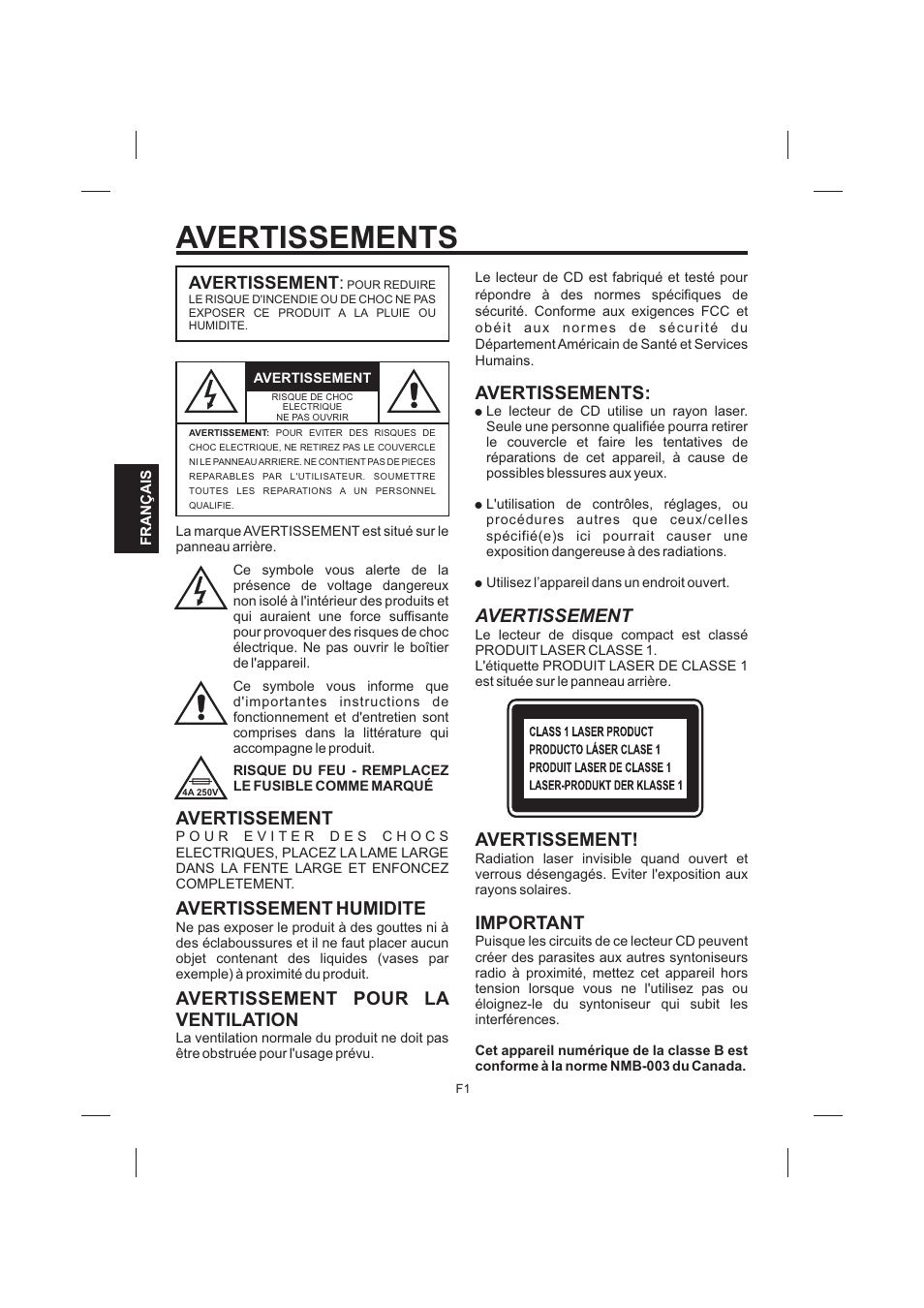 Avertissements, Avertissements: avertissement, Avertissement important | Avertissement | The Singing Machine STVG-999 User Manual | Page 58 / 88