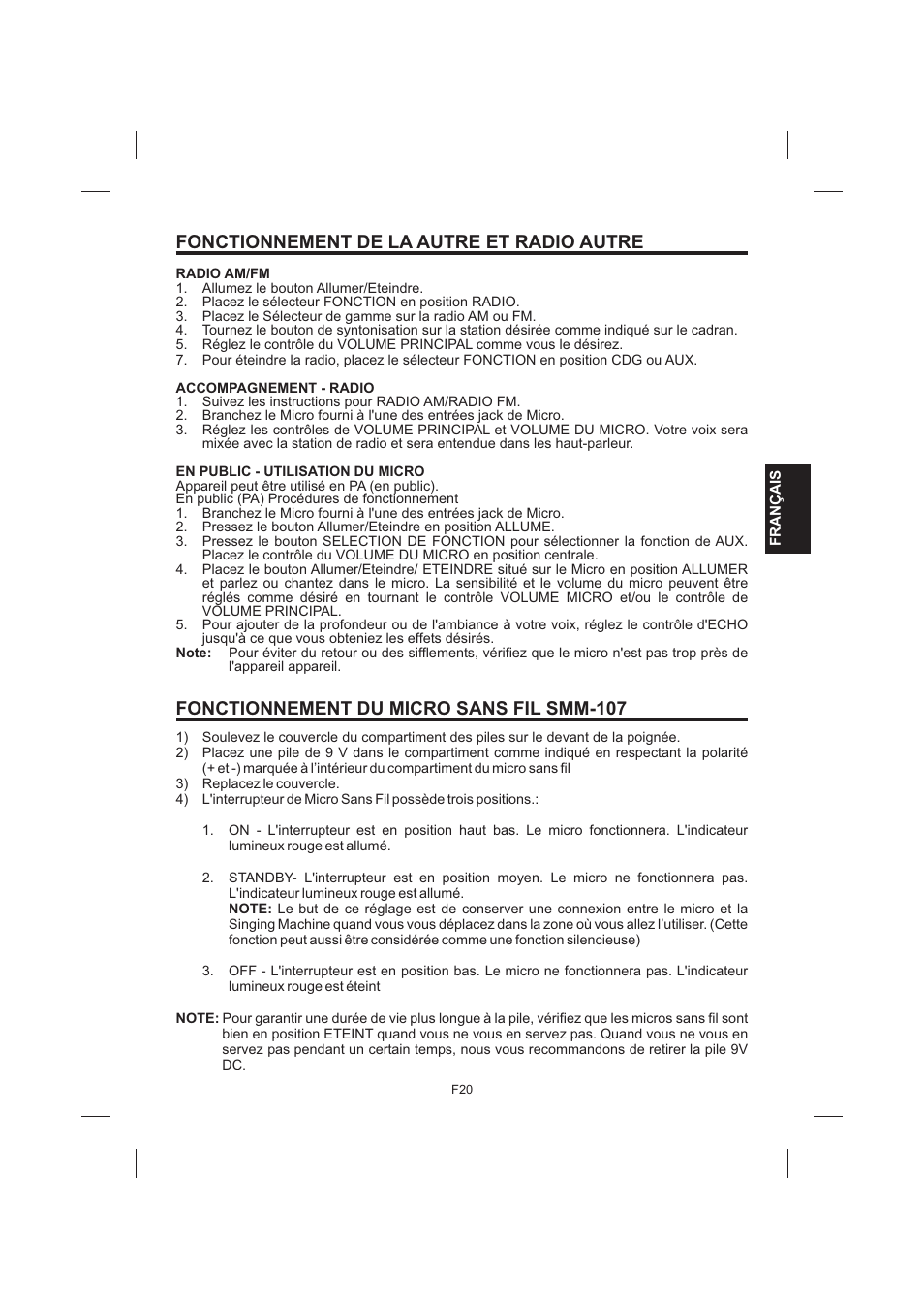 Fonctionnement de la autre et radio autre, Fonctionnement du micro sans fil smm-107 | The Singing Machine STVG-999 User Manual | Page 77 / 88
