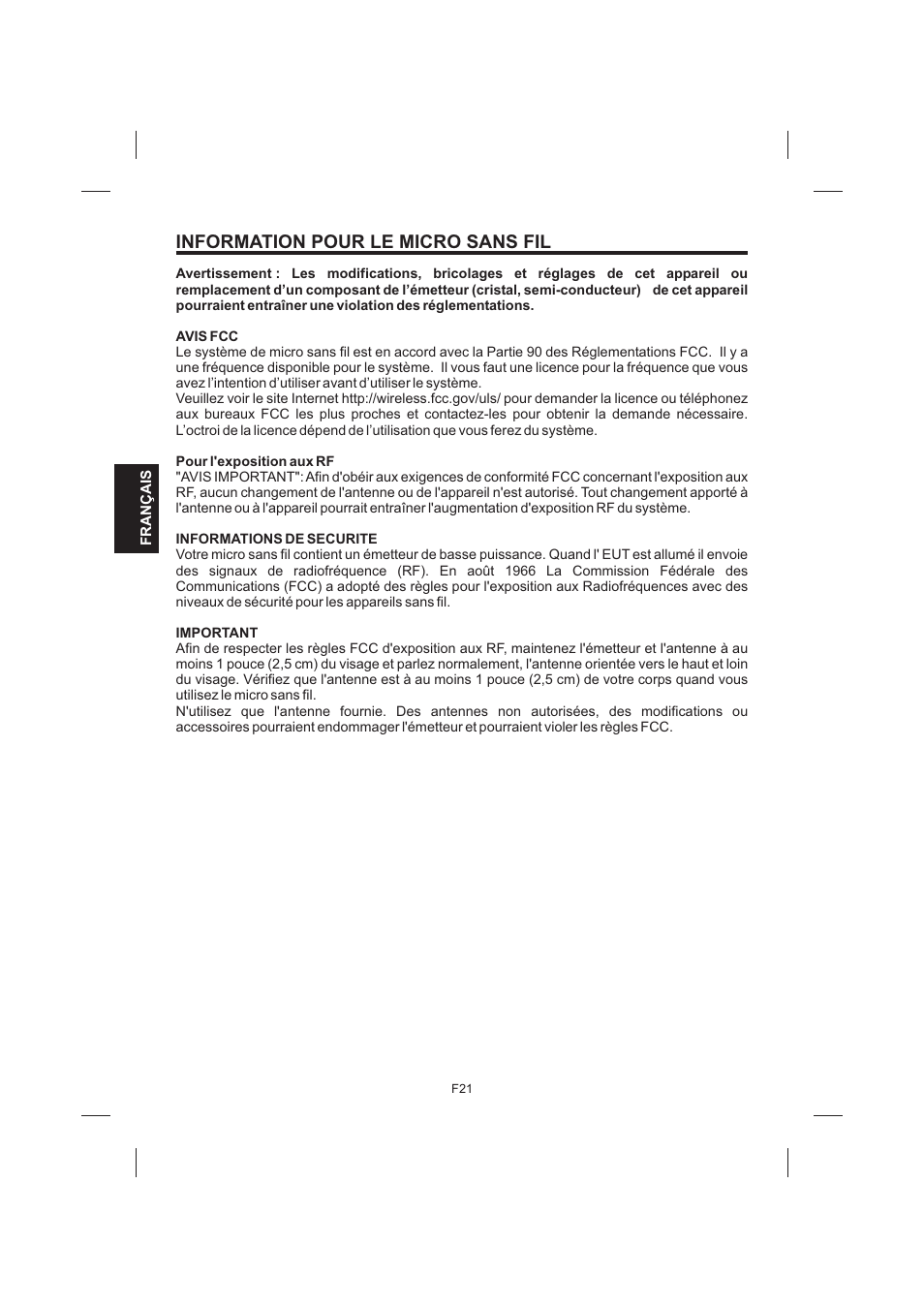 Information pour le micro sans fil | The Singing Machine STVG-999 User Manual | Page 78 / 88