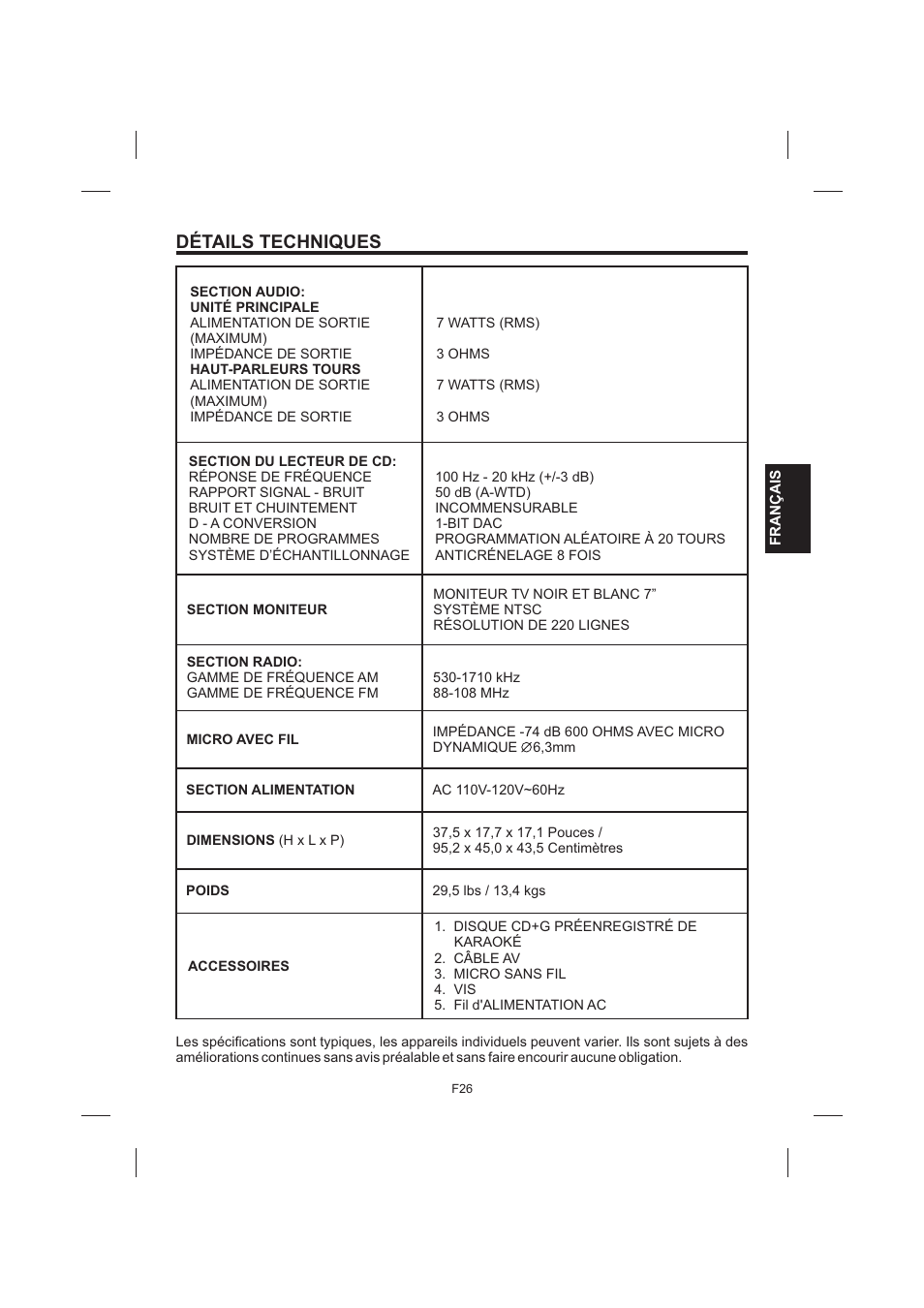 Détails techniques | The Singing Machine STVG-999 User Manual | Page 83 / 88