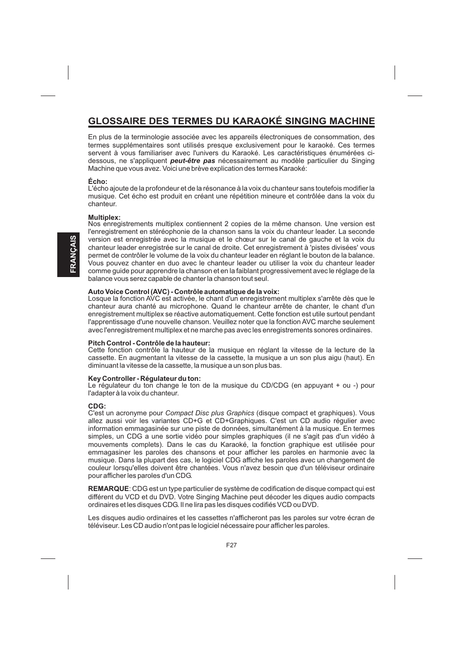 Glossaire des termes du karaoké singing machine | The Singing Machine STVG-999 User Manual | Page 84 / 88