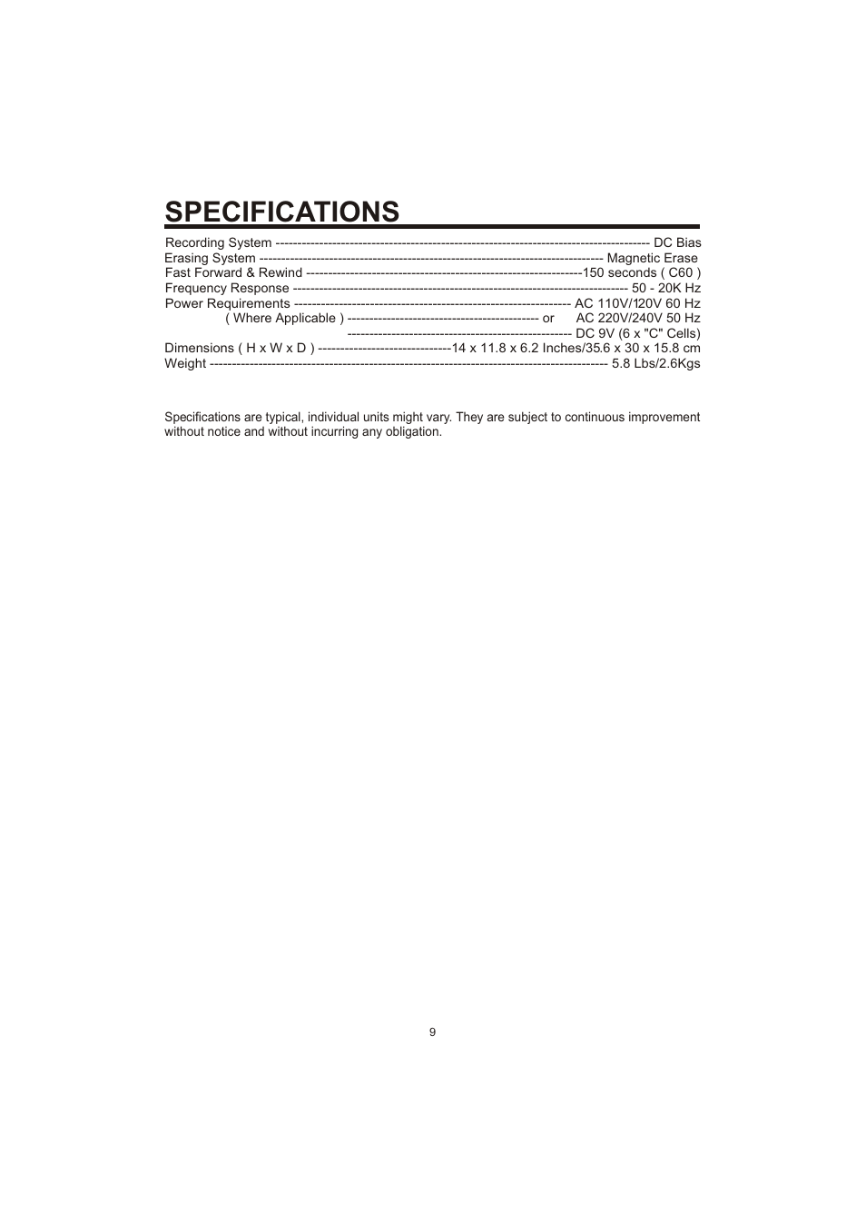 Specifications | The Singing Machine SME-378 User Manual | Page 10 / 11