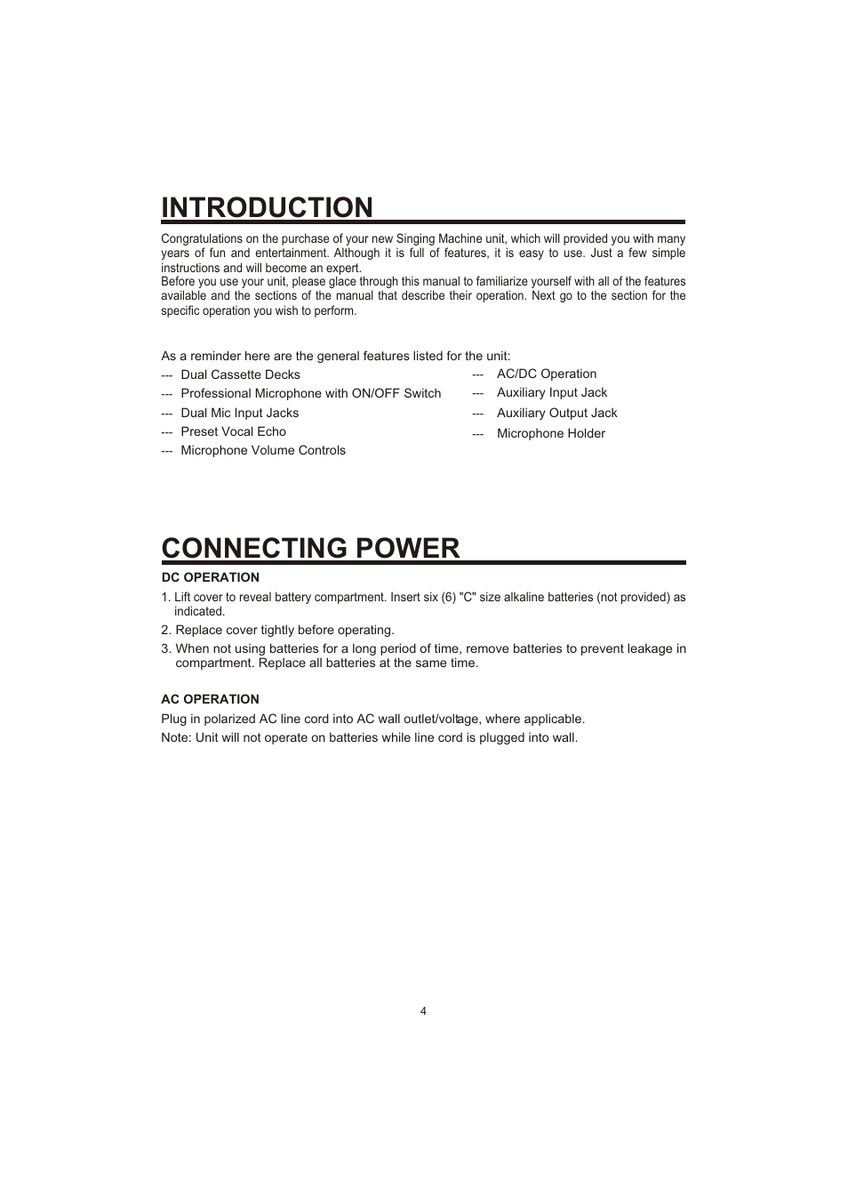 Introduction, Connecting power | The Singing Machine SME-378 User Manual | Page 5 / 11