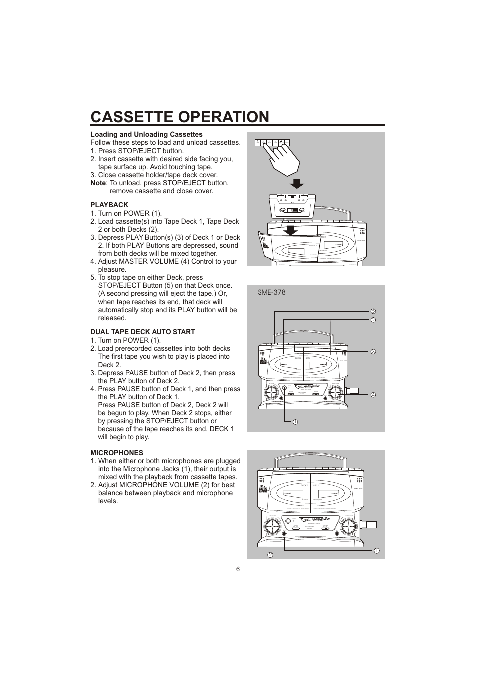 Cassette operation, Playback sme-378, Function tape aux balance music voice power | Mic volume master volume, Tape aux, Music voice, Mic 1 mic 2 | The Singing Machine SME-378 User Manual | Page 7 / 11