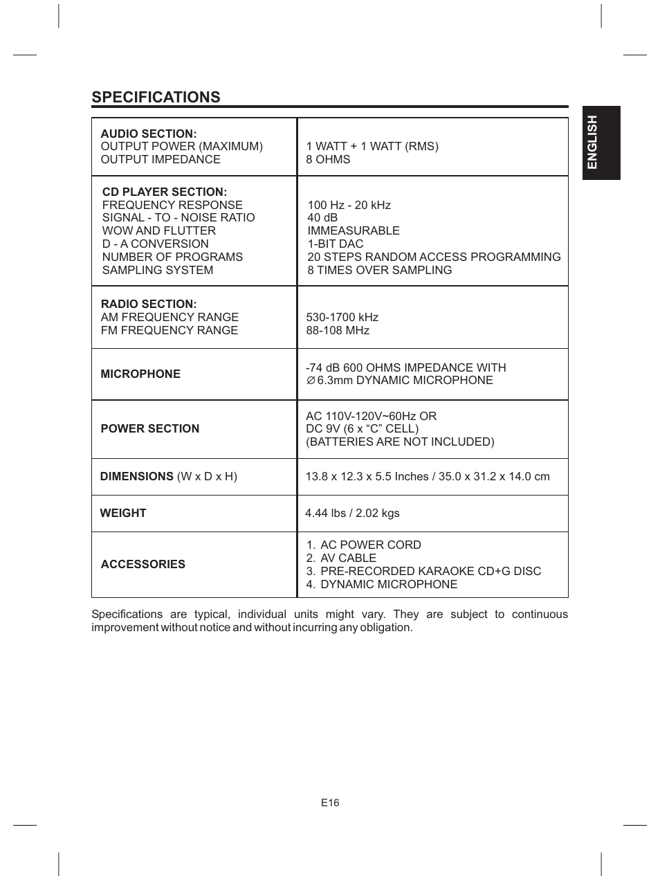 Specifications | The Singing Machine SMG-151 User Manual | Page 17 / 56