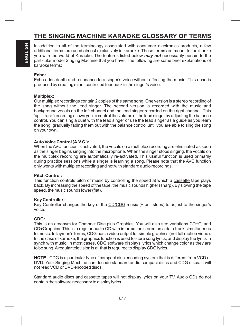 The singing machine karaoke glossary of terms | The Singing Machine SMG-151 User Manual | Page 18 / 56