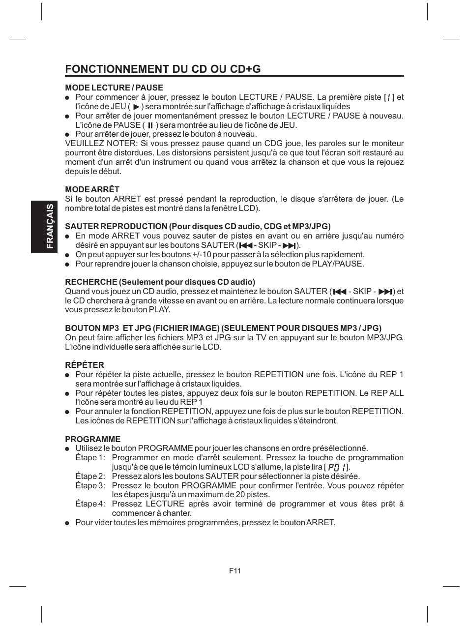 Fonctionnement du cd ou cd+g | The Singing Machine SMG-151 User Manual | Page 48 / 56