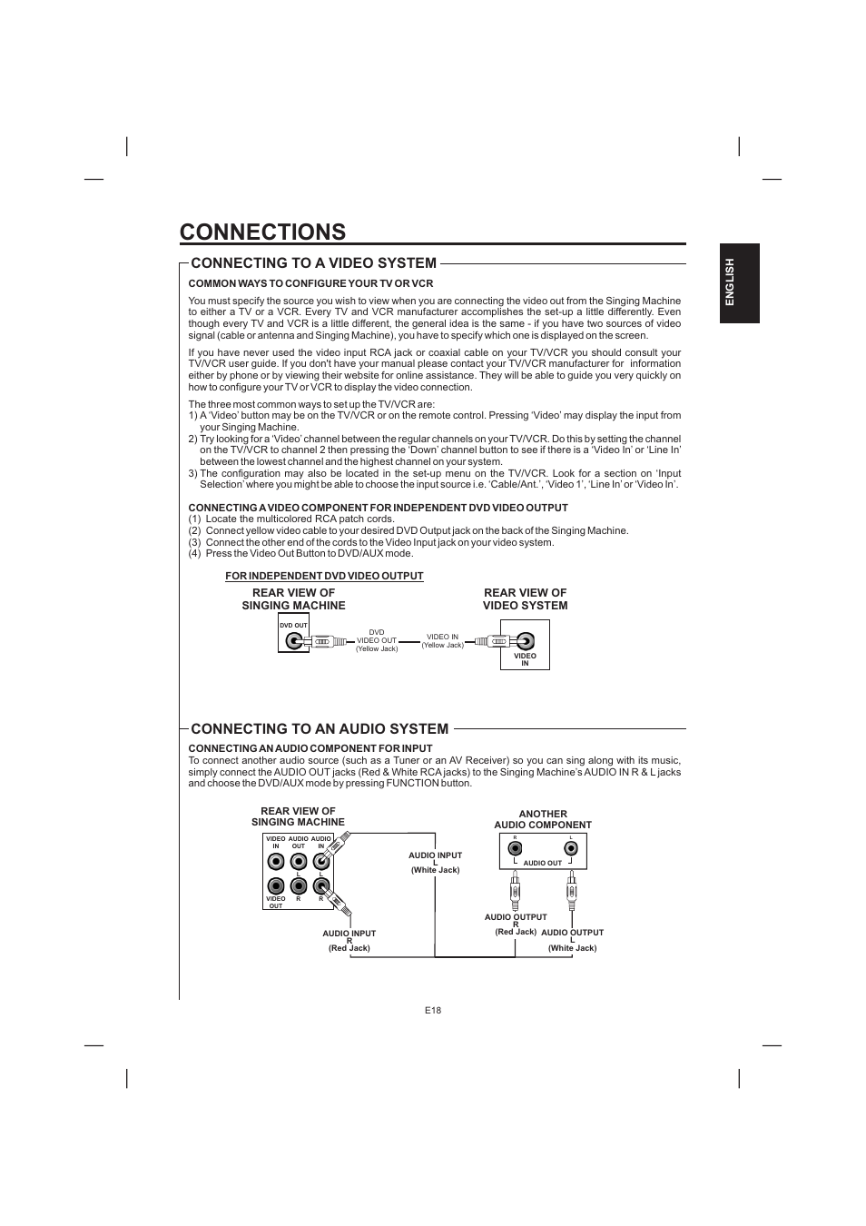 Connections, Connecting to an audio system, Connecting to a video system | The Singing Machine STVD-1001 User Manual | Page 19 / 100