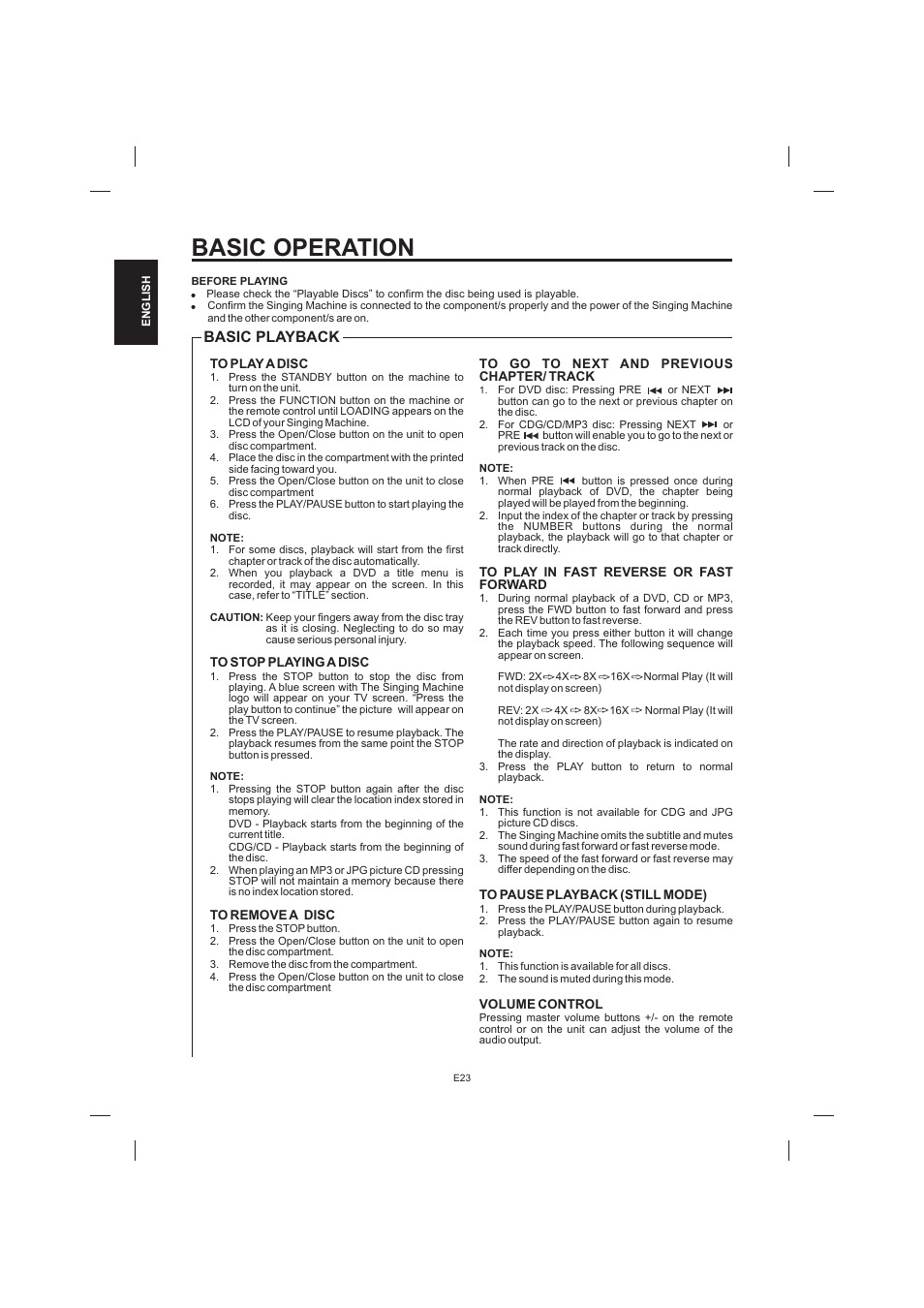 Basic operation, Basic playback | The Singing Machine STVD-1001 User Manual | Page 24 / 100