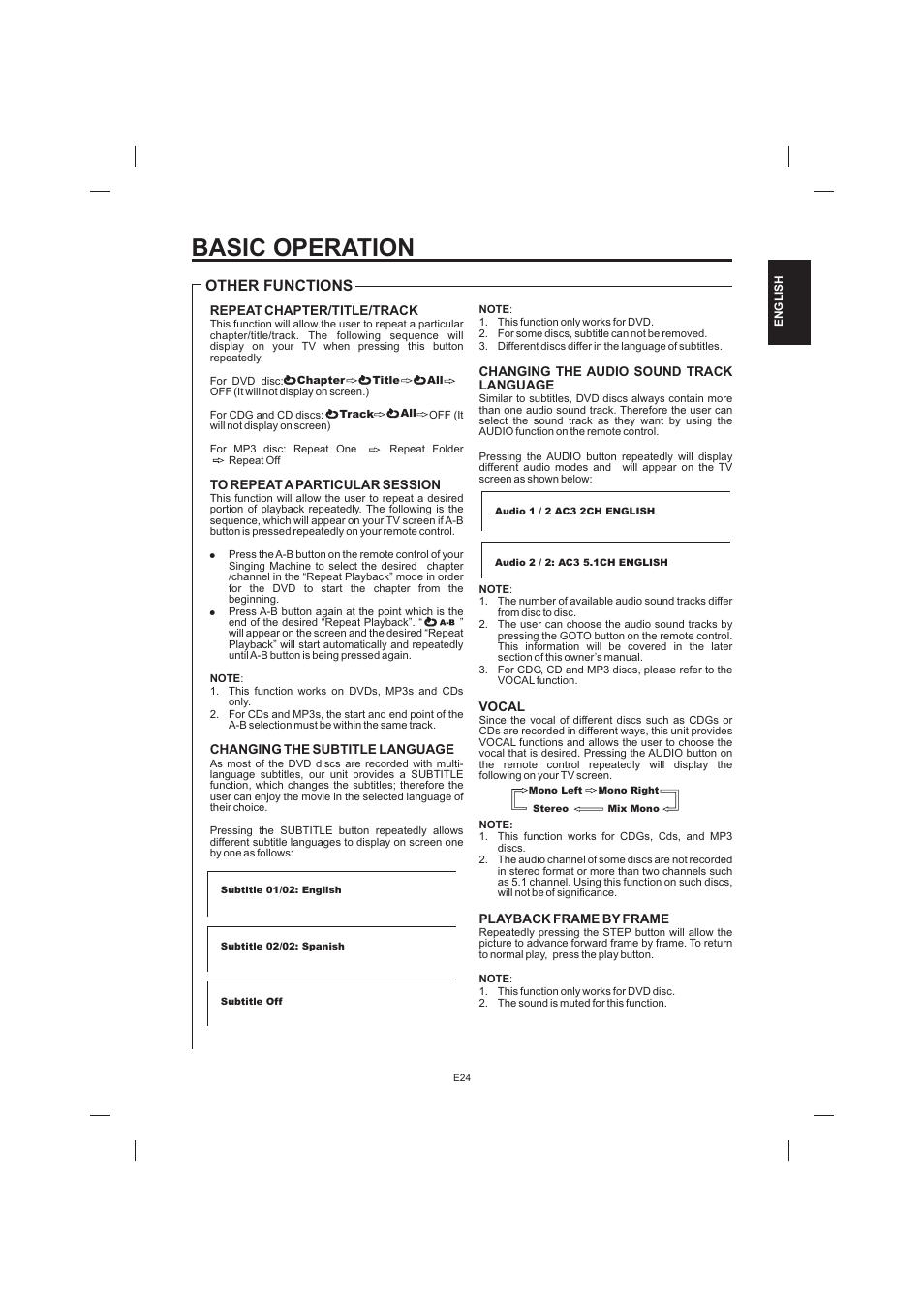 Basic operation, Other functions | The Singing Machine STVD-1001 User Manual | Page 25 / 100