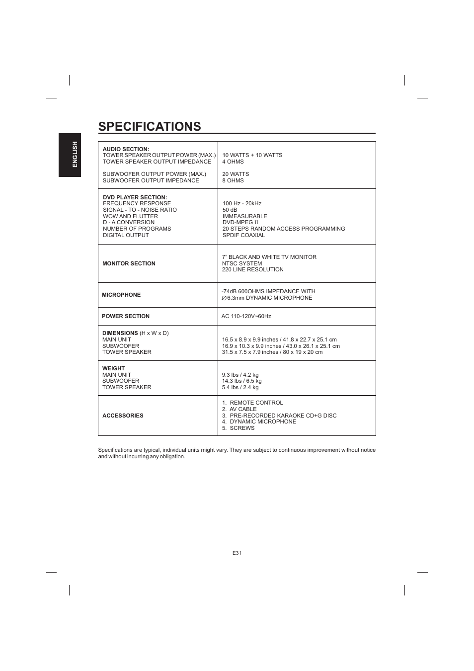 Specifications | The Singing Machine STVD-1001 User Manual | Page 32 / 100