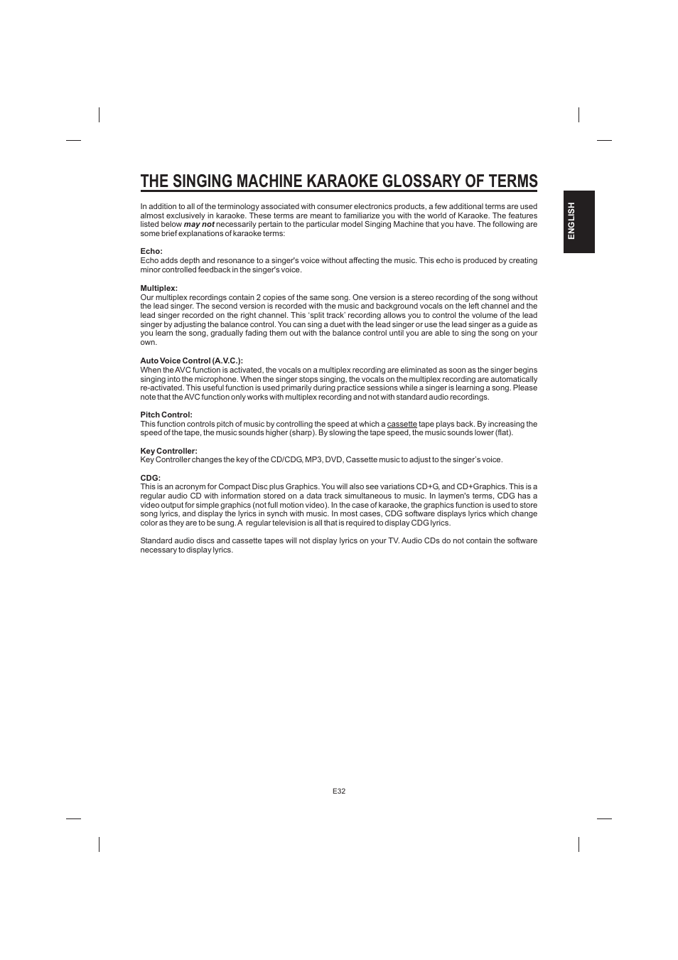 The singing machine karaoke glossary of terms | The Singing Machine STVD-1001 User Manual | Page 33 / 100