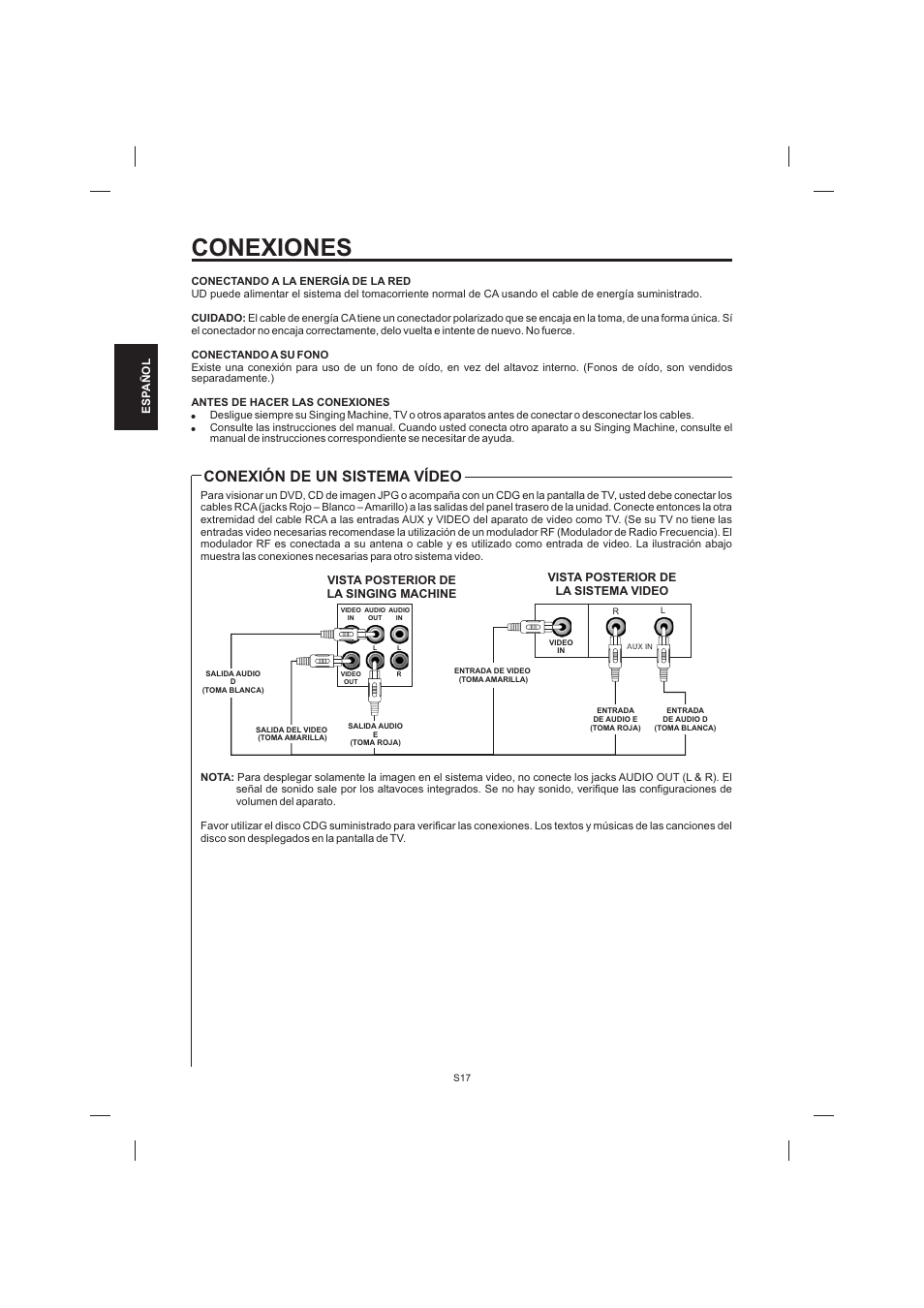 Conexiones, Conexión de un sistema vídeo | The Singing Machine STVD-1001 User Manual | Page 50 / 100