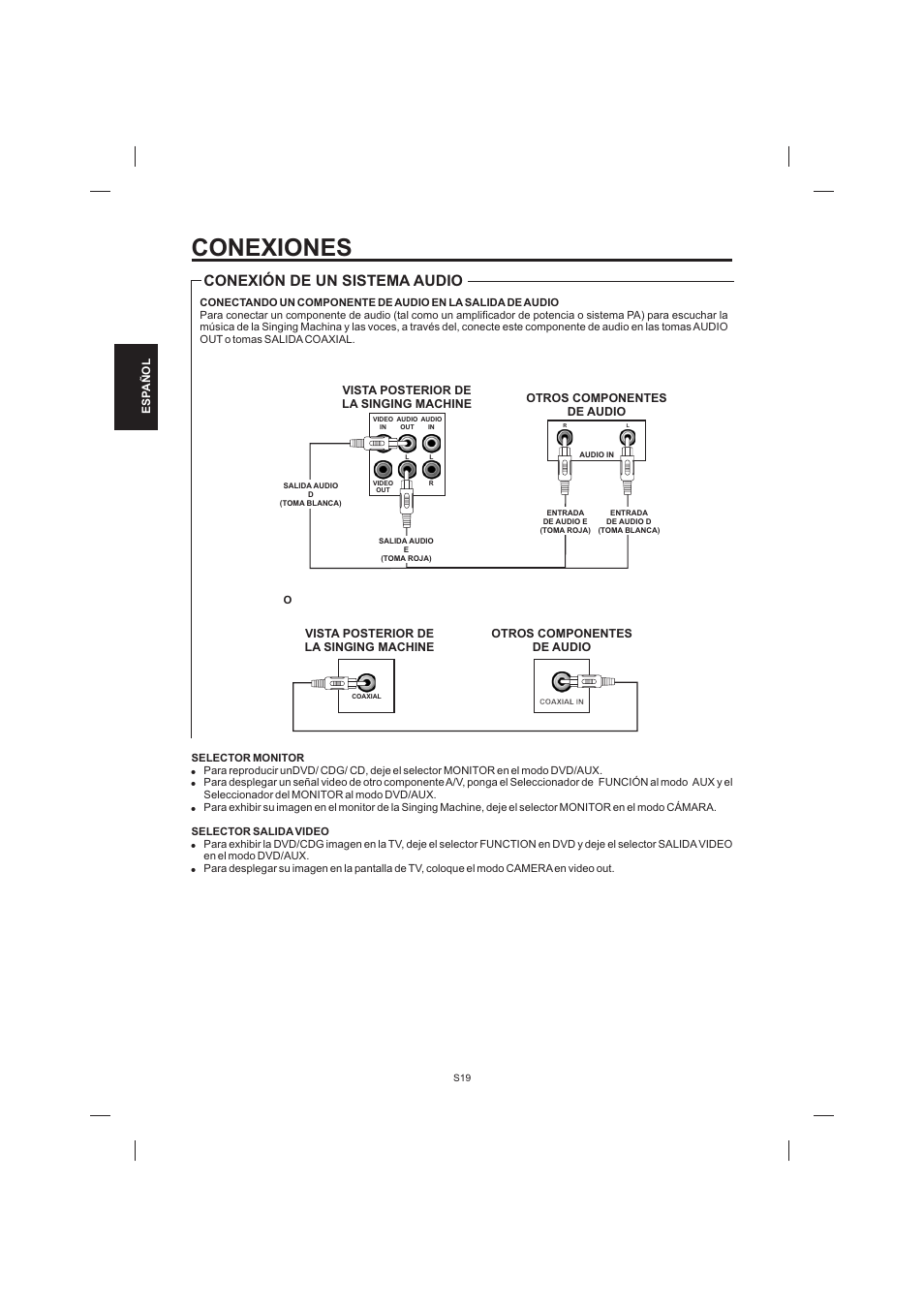 Conexiones, Conexión de un sistema audio | The Singing Machine STVD-1001 User Manual | Page 52 / 100