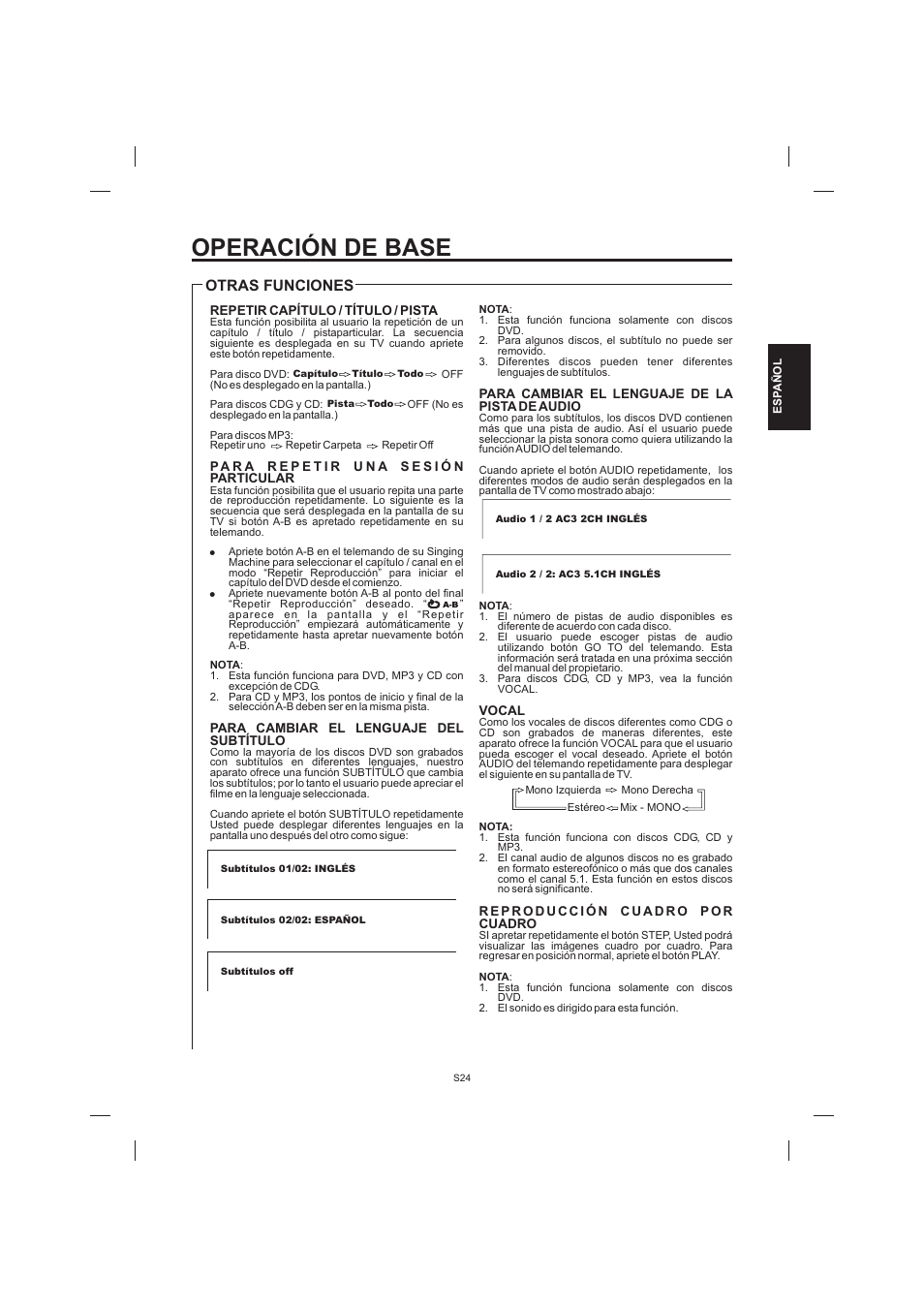 Operación de base, Otras funciones | The Singing Machine STVD-1001 User Manual | Page 57 / 100