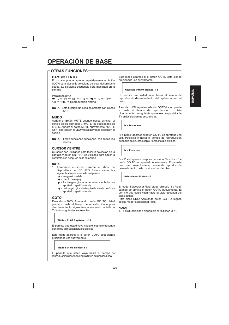 Operación de base, Otras funciones | The Singing Machine STVD-1001 User Manual | Page 59 / 100