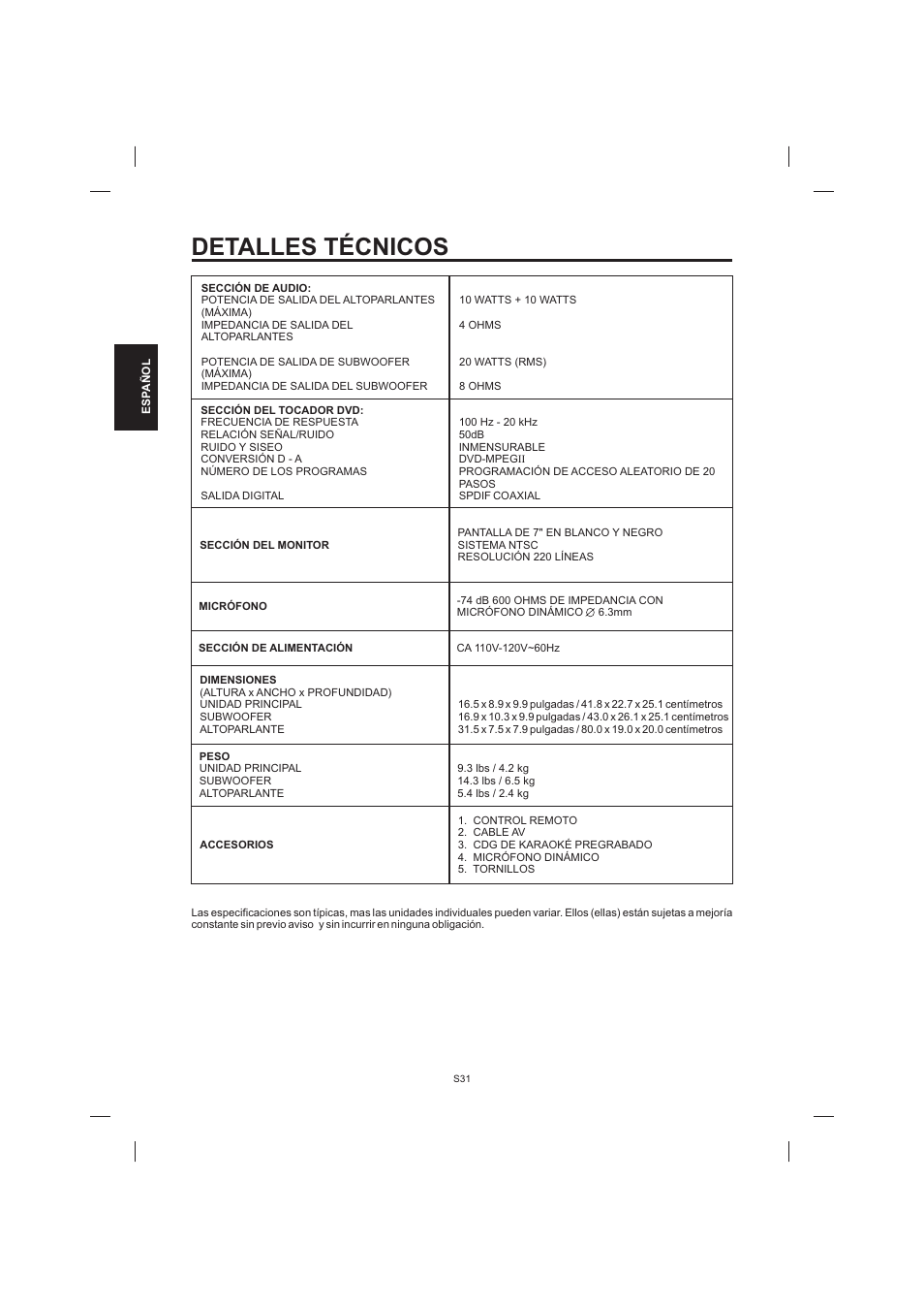 Detalles técnicos | The Singing Machine STVD-1001 User Manual | Page 64 / 100