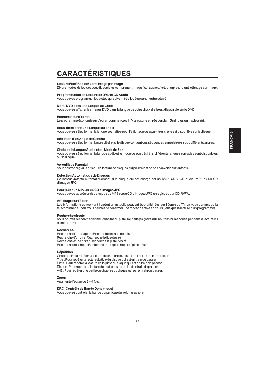 Caractéristiques | The Singing Machine STVD-1001 User Manual | Page 69 / 100