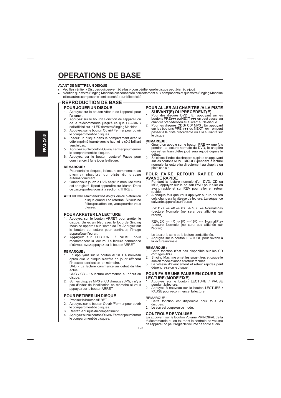 Operations de base, Reproduction de base | The Singing Machine STVD-1001 User Manual | Page 88 / 100