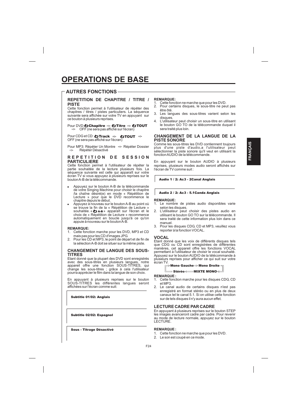 Operations de base, Autres fonctions | The Singing Machine STVD-1001 User Manual | Page 89 / 100