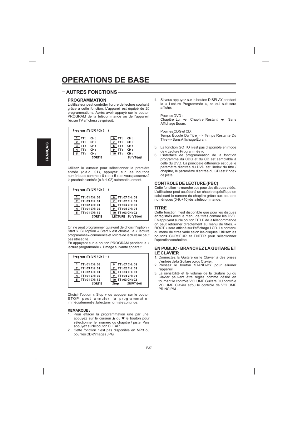 Operations de base, Autres fonctions | The Singing Machine STVD-1001 User Manual | Page 92 / 100