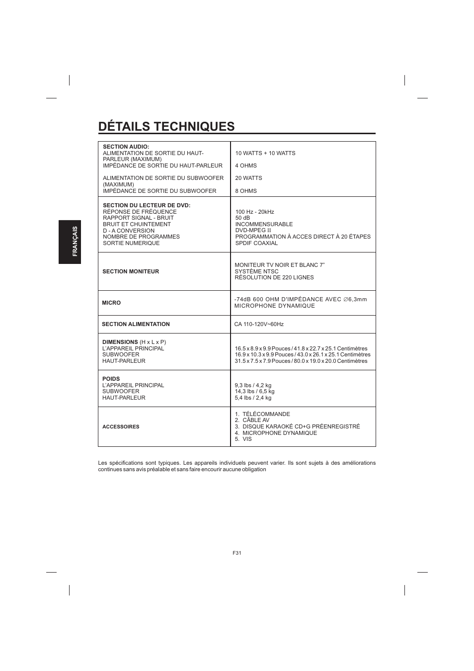 Détails techniques | The Singing Machine STVD-1001 User Manual | Page 96 / 100