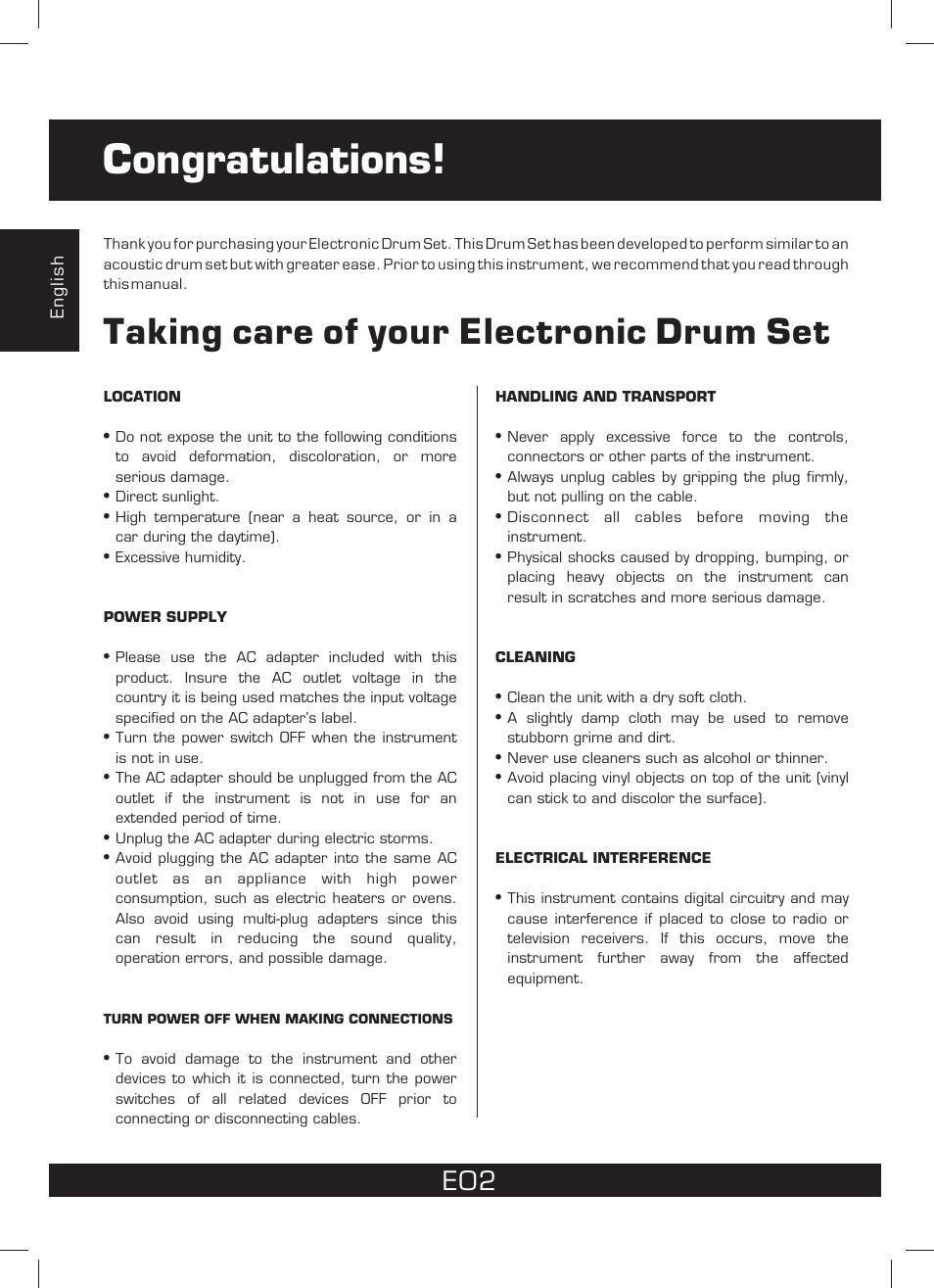 Taking care of your electronic drum set | The Singing Machine SMI-1460 User Manual | Page 2 / 44