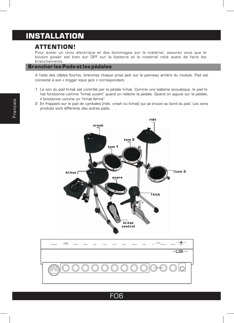 Installation, Attention, Brancher les pads et les pédales | Français | The Singing Machine SMI-1460 User Manual | Page 20 / 44