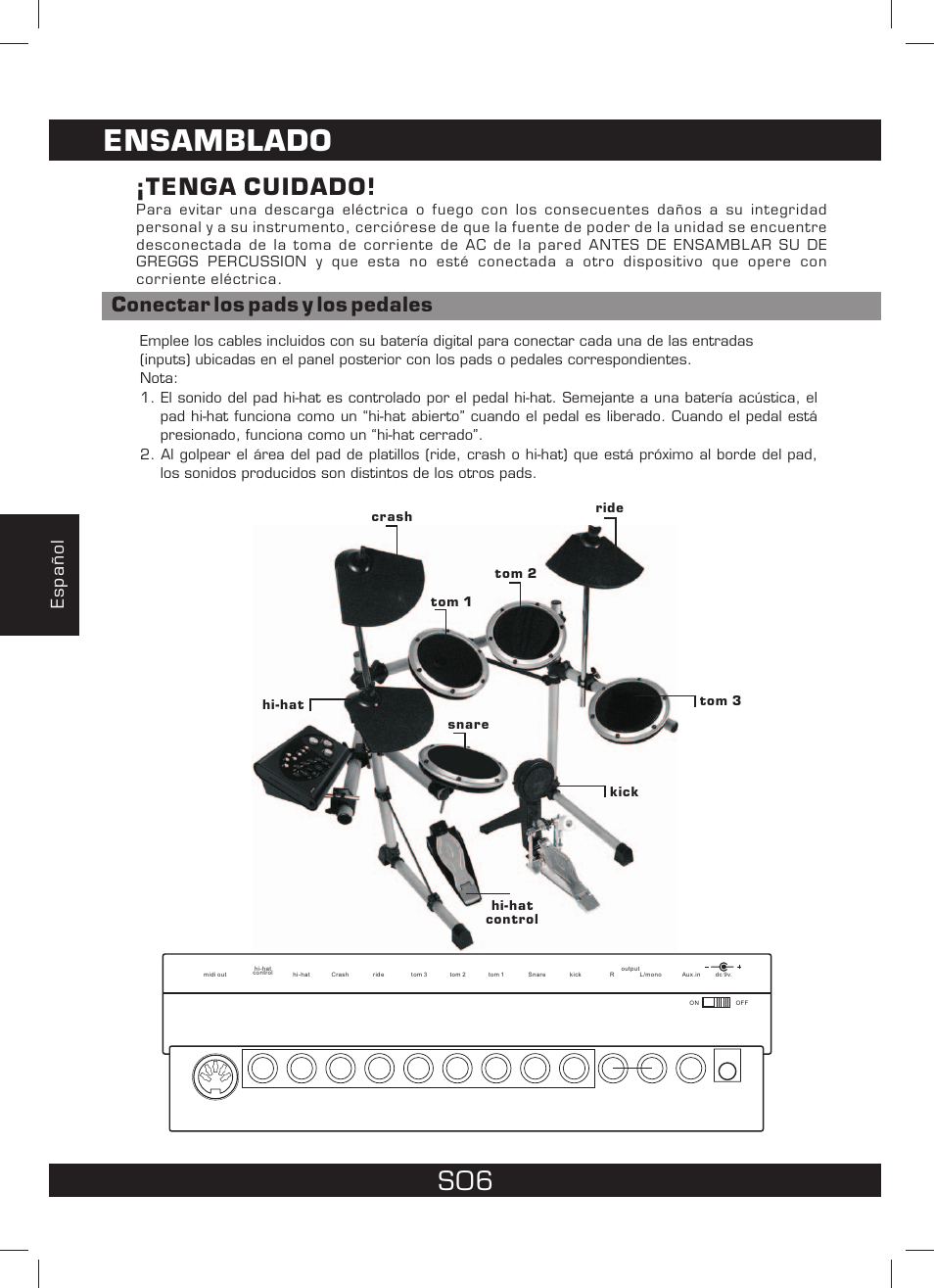 Ensamblado, Tenga cuidado, Conectar los pads y los pedales | Español | The Singing Machine SMI-1460 User Manual | Page 34 / 44