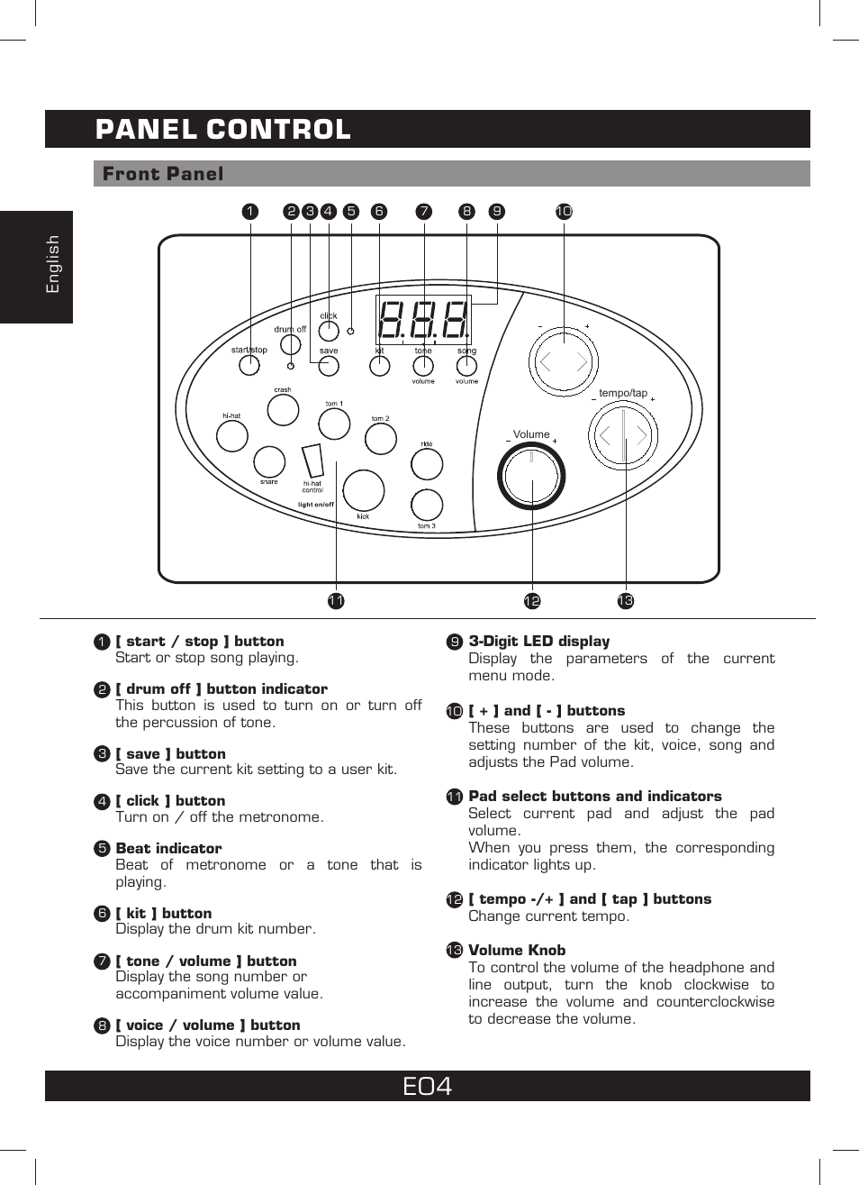 Panel control, Front panel | The Singing Machine SMI-1460 User Manual | Page 4 / 44