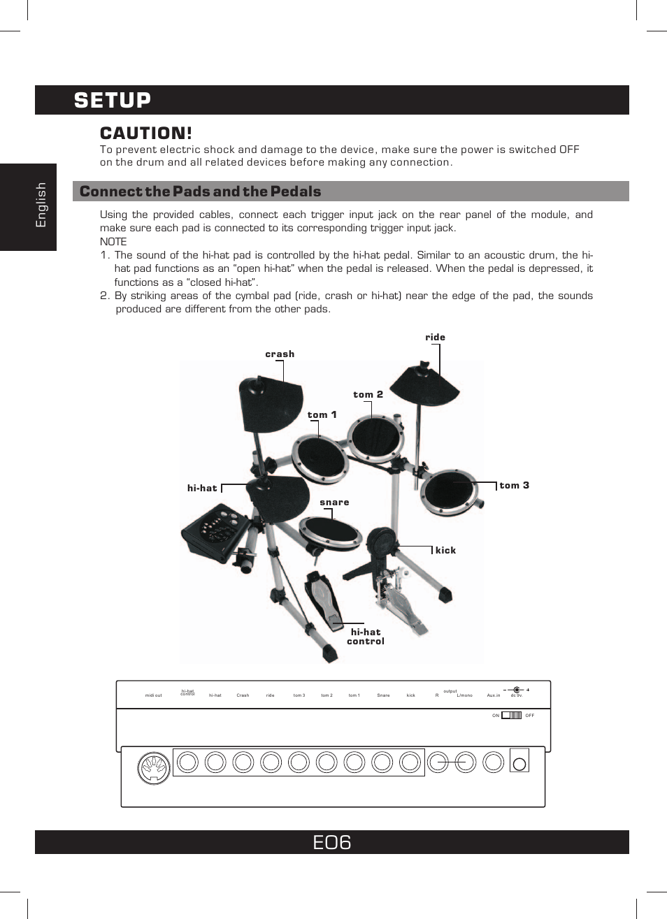 Setup, Caution, Connect the pads and the pedals | English | The Singing Machine SMI-1460 User Manual | Page 6 / 44