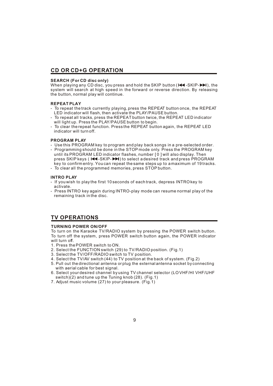 Cd or cd+g operation tv operations | The Singing Machine STVG-700 User Manual | Page 10 / 20