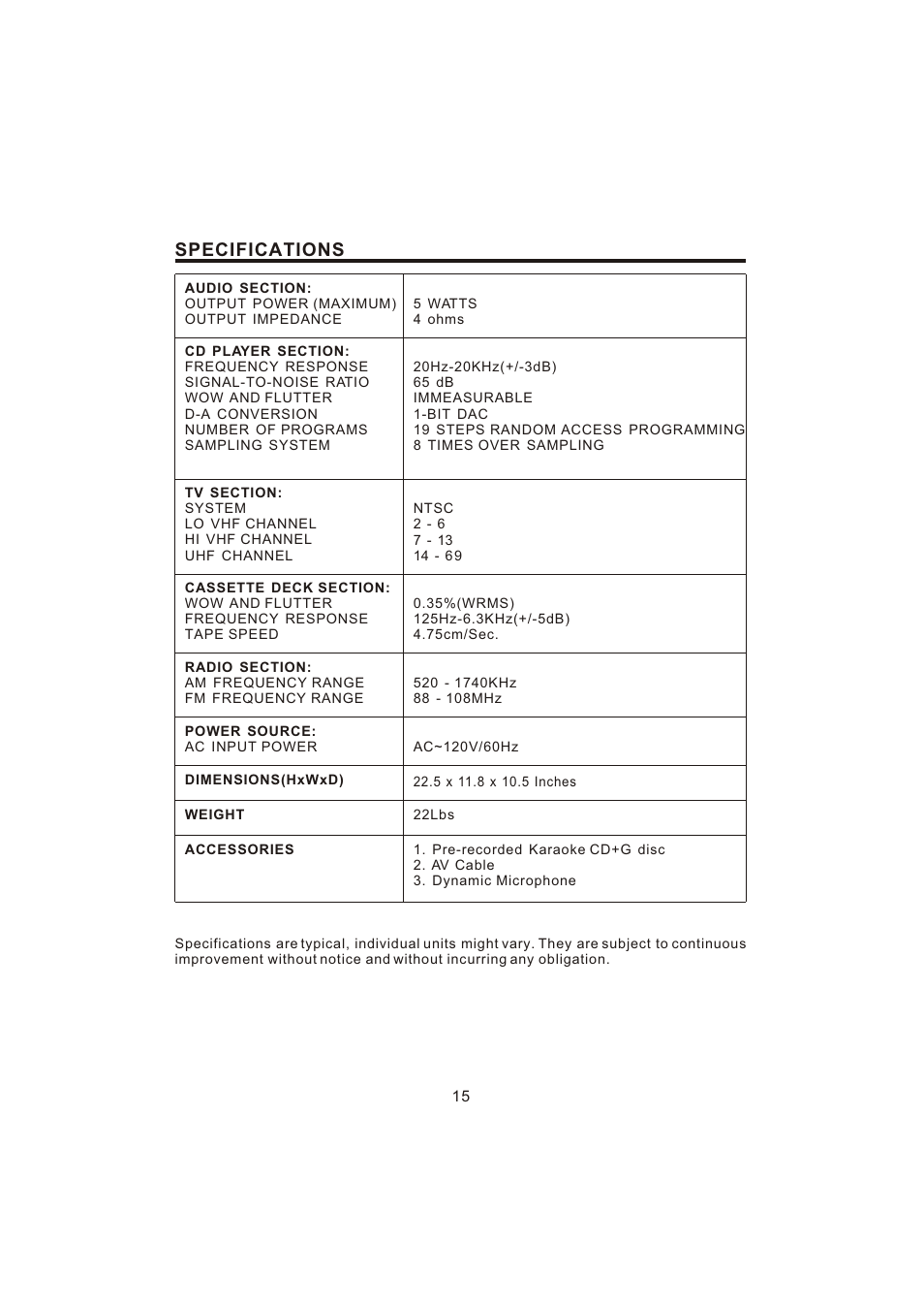 Specifications | The Singing Machine STVG-700 User Manual | Page 16 / 20