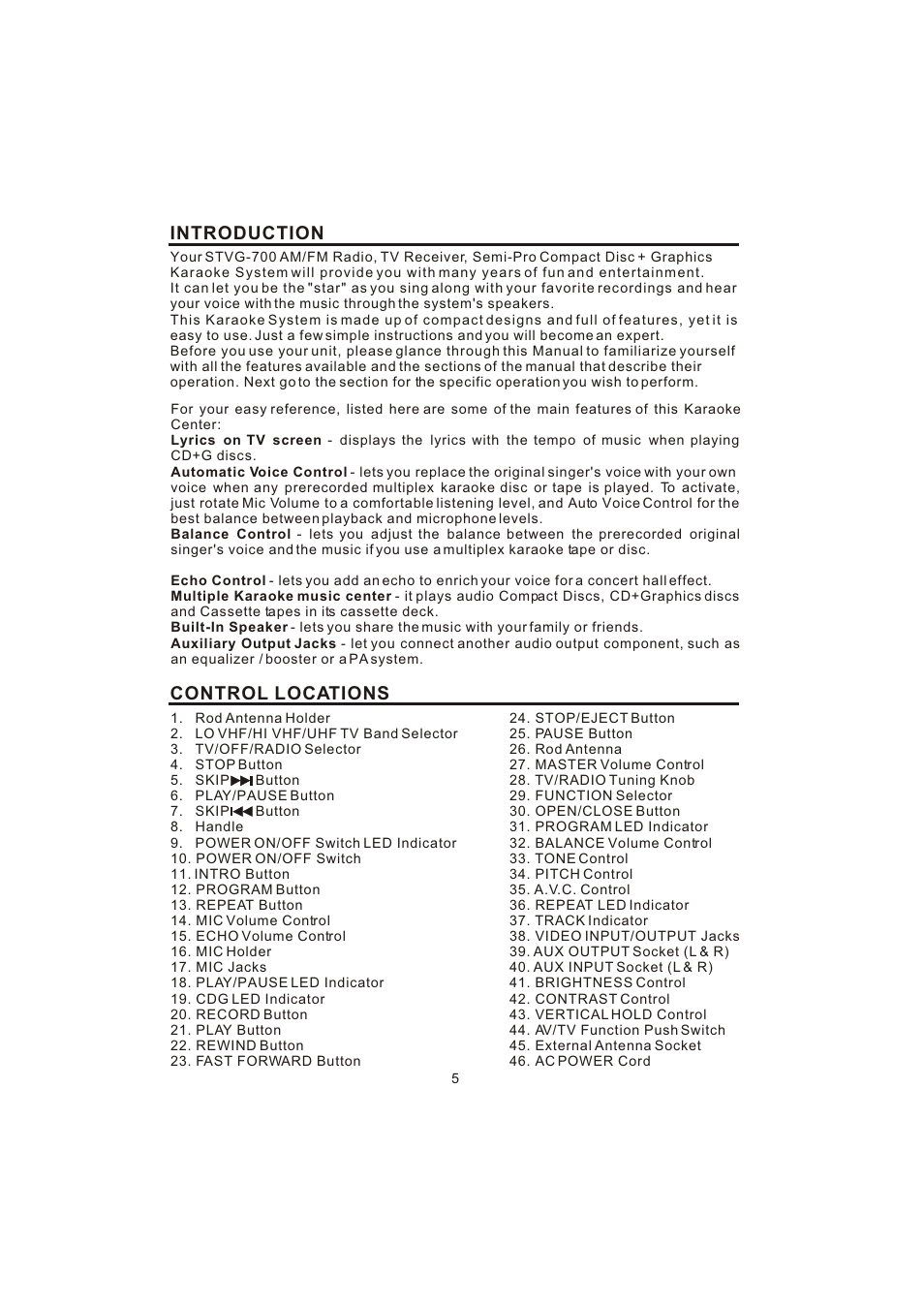 Introduction control locations | The Singing Machine STVG-700 User Manual | Page 6 / 20