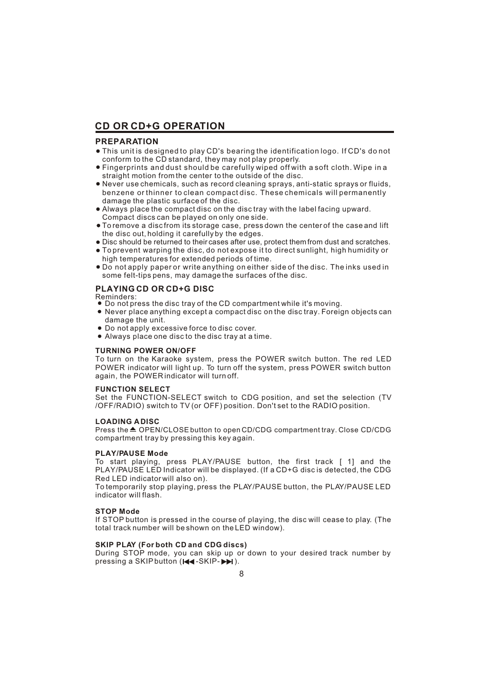 Cd or cd+g operation | The Singing Machine STVG-700 User Manual | Page 9 / 20