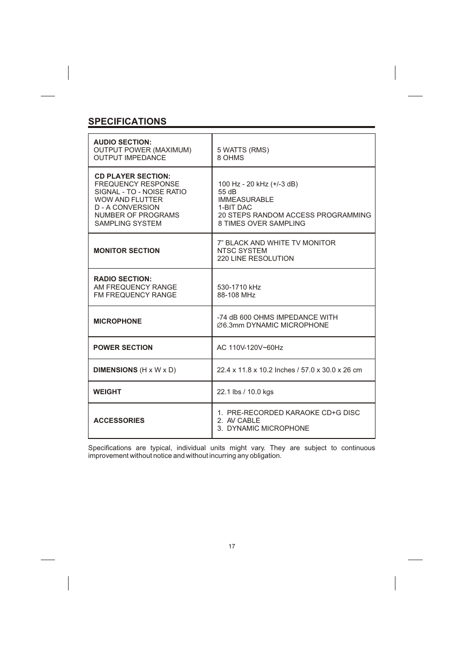 Specifications | The Singing Machine STVG-710 User Manual | Page 18 / 20