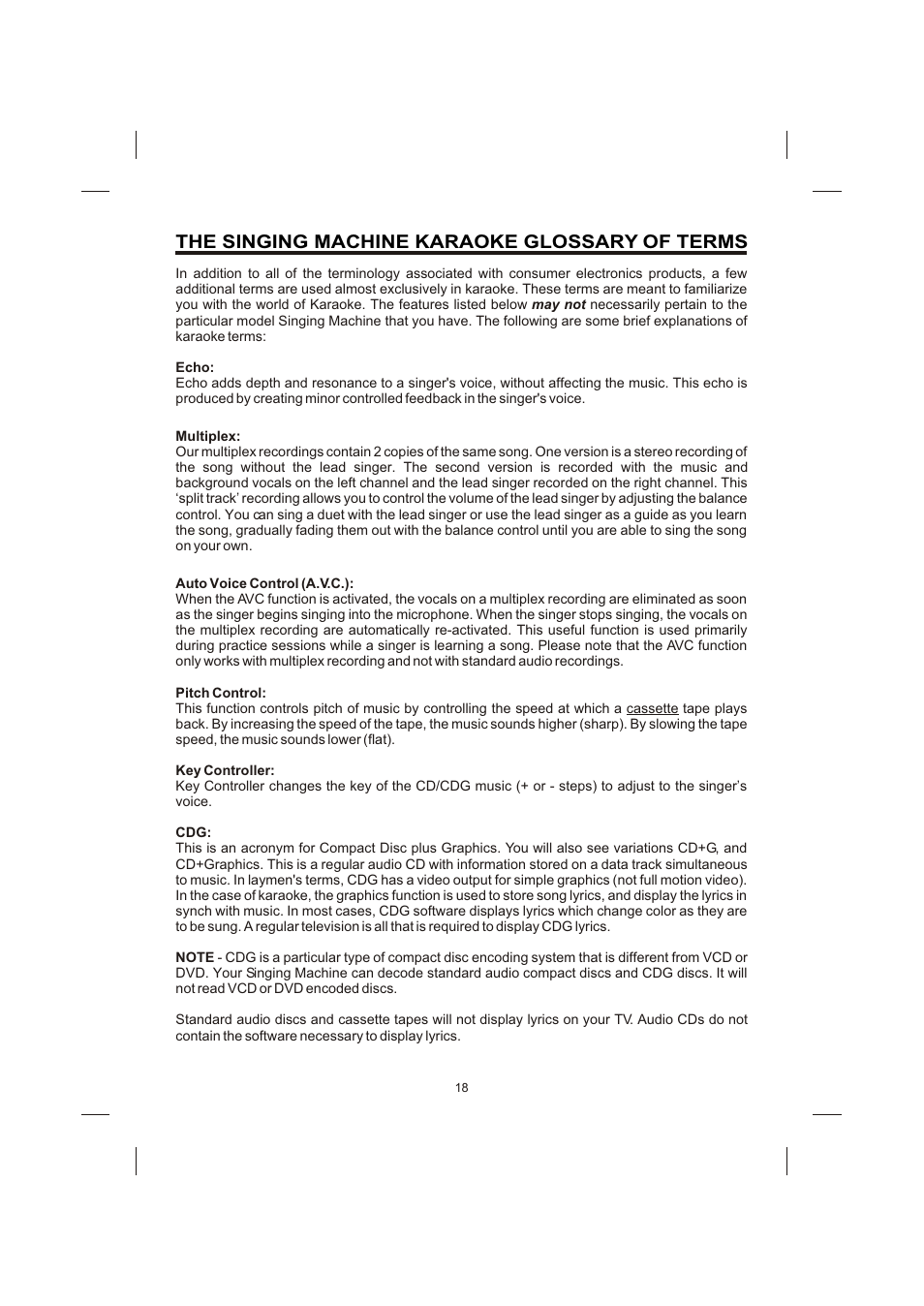 The singing machine karaoke glossary of terms | The Singing Machine STVG-710 User Manual | Page 19 / 20