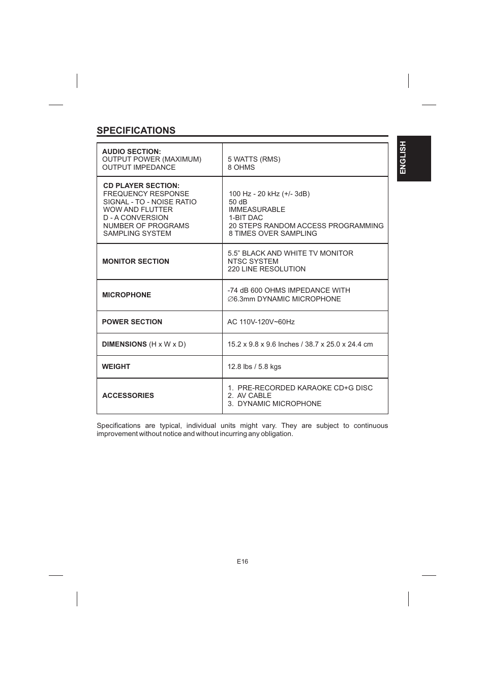 Specifications | The Singing Machine STVG-520 User Manual | Page 17 / 56