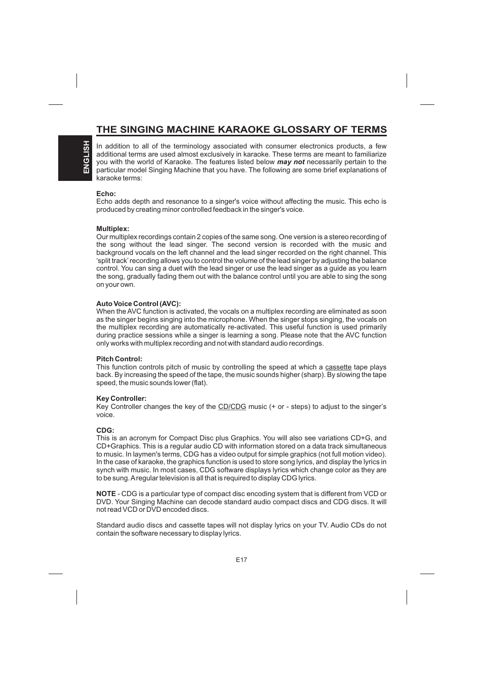 The singing machine karaoke glossary of terms | The Singing Machine STVG-520 User Manual | Page 18 / 56