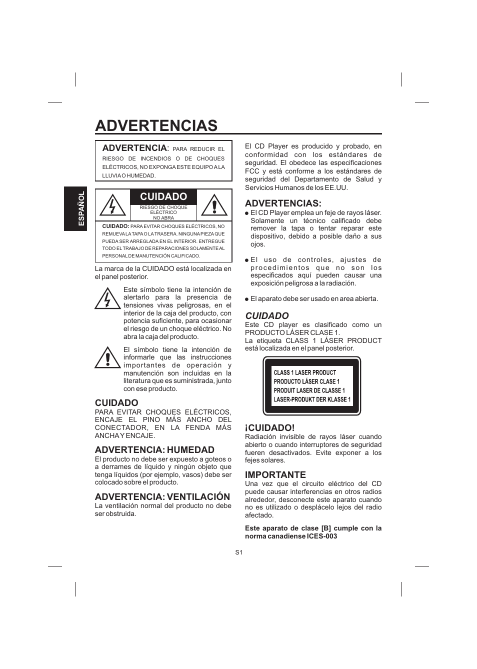 Advertencias, Cuidado, Importante | Advertencia: humedad, Advertencia: ventilación | The Singing Machine STVG-520 User Manual | Page 20 / 56