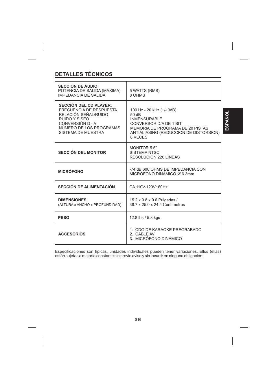Detalles técnicos | The Singing Machine STVG-520 User Manual | Page 35 / 56